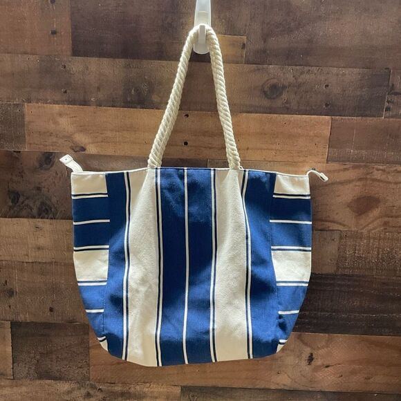 Lancome Tote Bag Canvas Soft Rope Handles Blue White Block Color Snap Closure - Picture 10 of 11